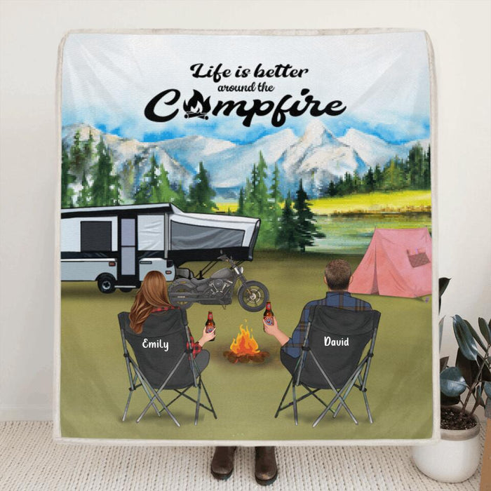 Custom Personalized Camping Blanket - Parents with up to 5 Kids and 4 Pets - Gift Idea For The Whole Family - Life is better around the campfire