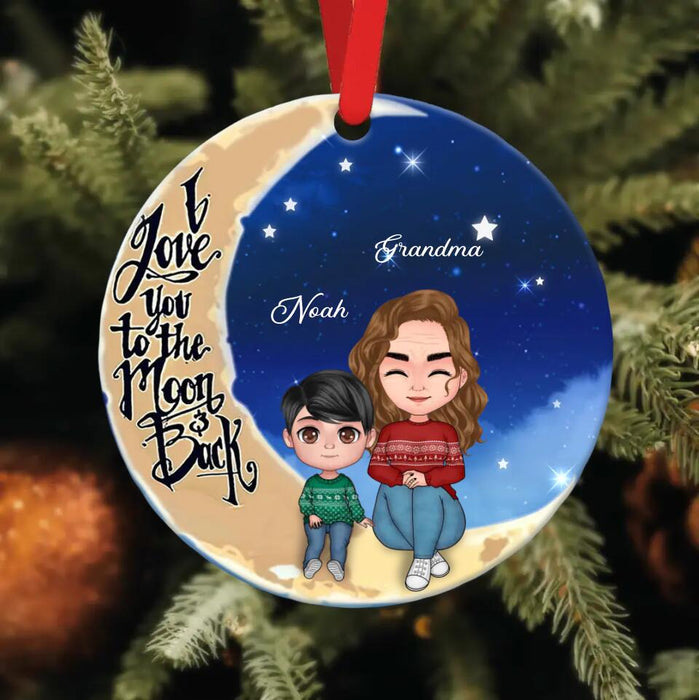 Custom Personalized Grandma & Grandchild Sitting On Moon Circle Wooden Ornament - Christmas Gift For Grandma & Kid - I Love You To The Moon & Back