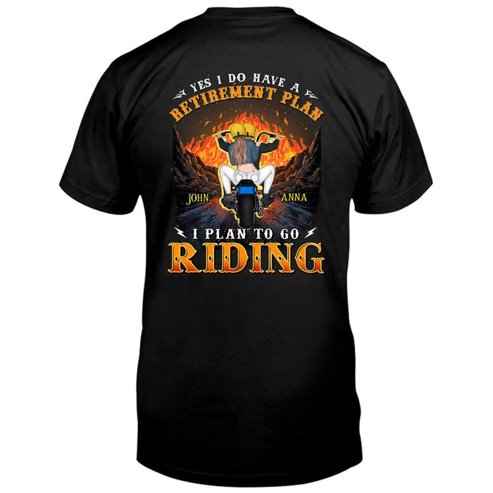 Custom Personalized Riding Couple T-shirt/ Hoodie - Gift Idea For Couple/ Christmas/ Retirement Gift - Yes I Do Have A Retirement Plan I Plan To Go Riding