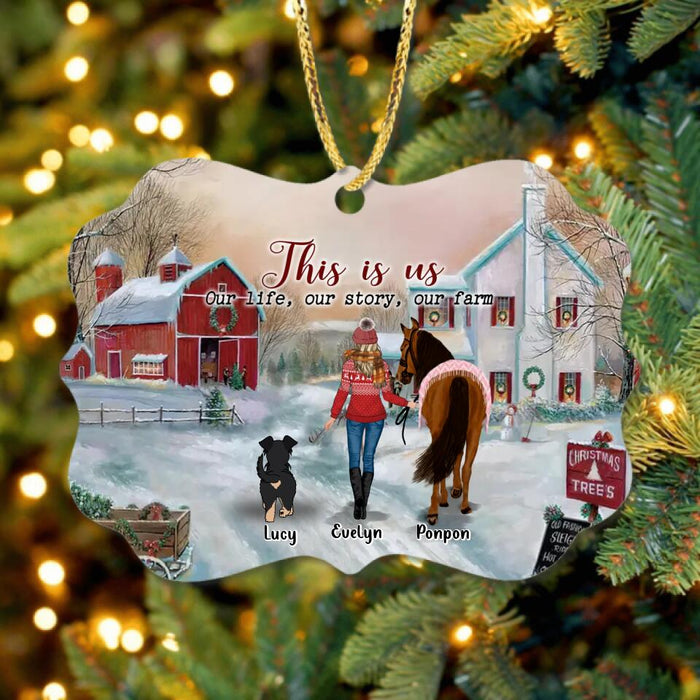 Custom Personalized Girl On The Farm Rectangle Wooden Ornament - Gift Idea For Girl/Farming Lovers/Horse/Dog Lovers - Up To 4 Dogs - This Is Us, Our Life, Our Story, Our Farm