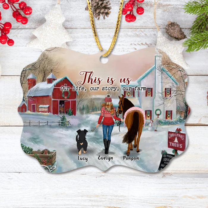 Custom Personalized Girl On The Farm Rectangle Wooden Ornament - Gift Idea For Girl/Farming Lovers/Horse/Dog Lovers - Up To 4 Dogs - This Is Us, Our Life, Our Story, Our Farm