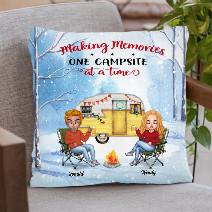 Custom Personalized Christmas Winter Camping Pillow Cover/ Fleece/Quilt Blanket - Christmas Gift For Camping Lover - Upto 4 People And 4 Pets - Making Memories One Campsite At A Time