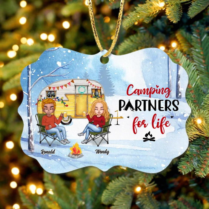 Custom Personalized Christmas Winter Camping Rectangle Wooden/Acrylic Ornament - Christmas Gift For Camping Lover - Couple With Upto 4 Pets - Camping Partners For Life