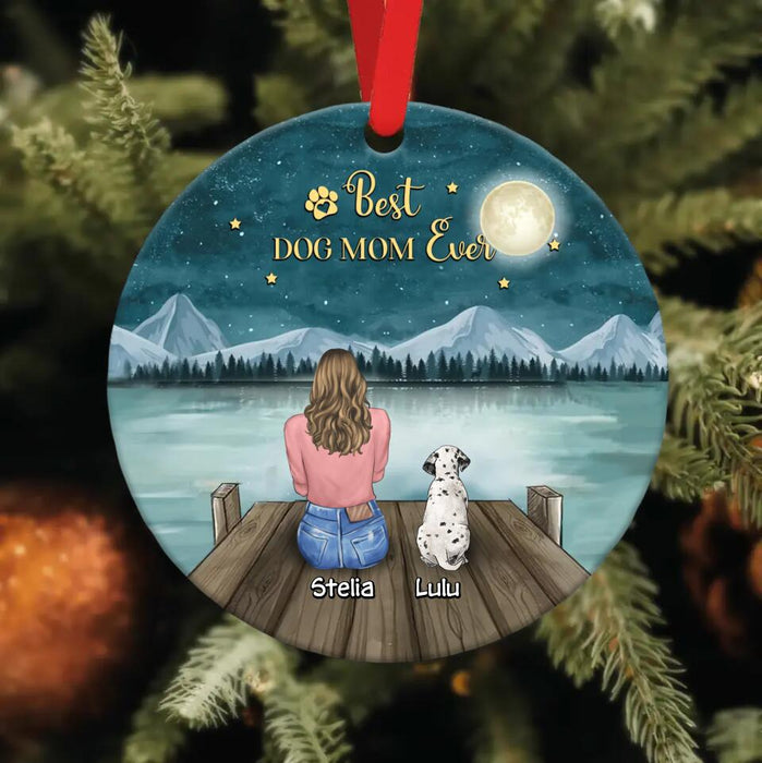 Custom Personalized Dog Mom Circle Wooden Ornament - Gift Idea For Dog Lovers With Up To 4 Dogs - Best Dog Mom Ever