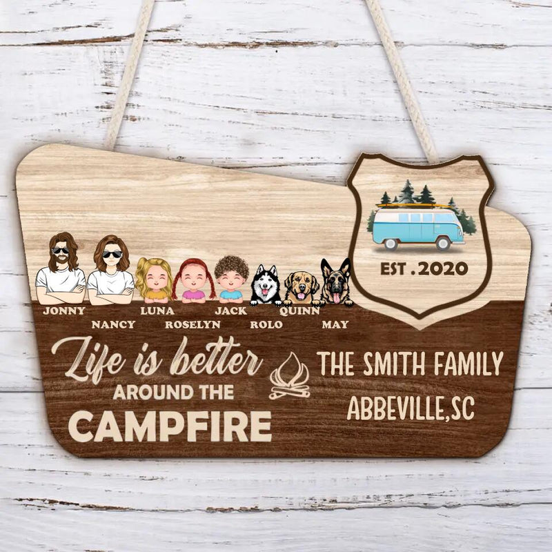 Personalized Camping Wooden Sign - Couple/Family With Up to 3 Kids,3 Dogs - Christmas/Birthday/Anniversary Gift For Couple/Family - Life Is Better Around The Campfire