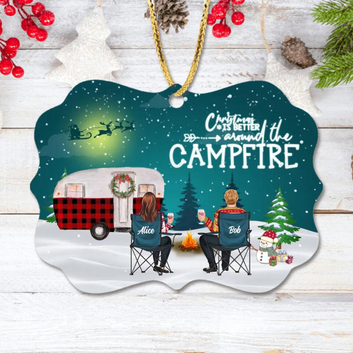 Custom Personalized Xmas Camping Wooden Ornament - Adult/Couple/Single Parent/Parents with Upto 2 Kids And 3 Pets - Christmas Gift Idea For Couple/Camping/Dog/Cat Lovers - Camping Partners For Life