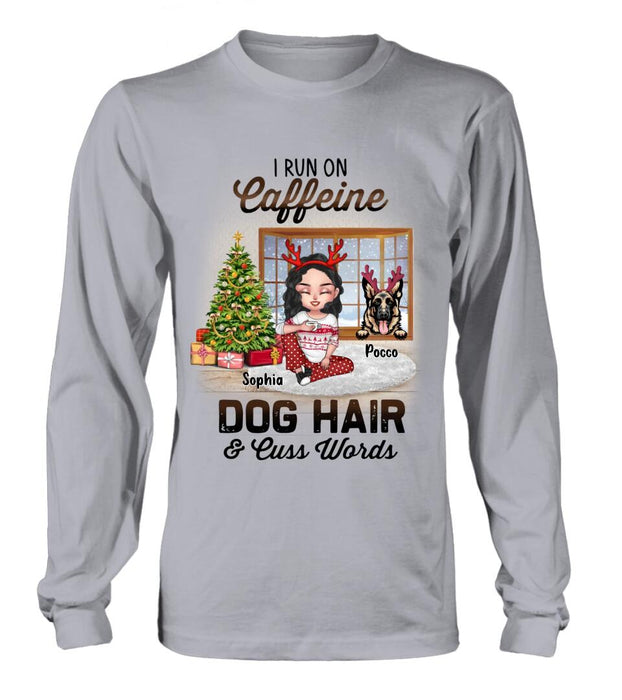 Custom Personalized Pet Mom Shirt - Upto 3 Dogs/Cats - Christmas Gift Idea For Dog/Cat Lovers - I Run On Caffeine Dog Hair & Cuss Words