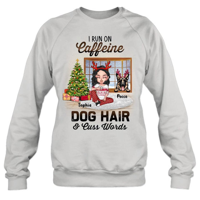 Custom Personalized Pet Mom Shirt - Upto 3 Dogs/Cats - Christmas Gift Idea For Dog/Cat Lovers - I Run On Caffeine Dog Hair & Cuss Words