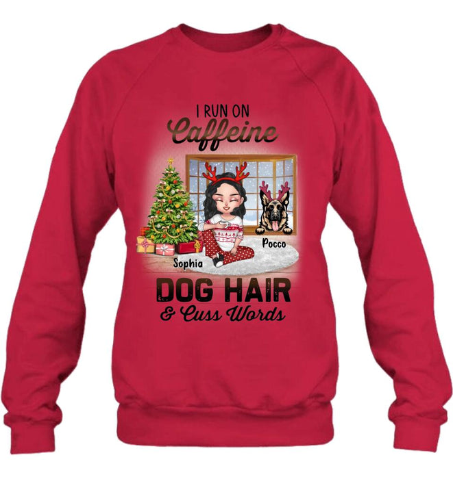 Custom Personalized Pet Mom Shirt - Upto 3 Dogs/Cats - Christmas Gift Idea For Dog/Cat Lovers - I Run On Caffeine Dog Hair & Cuss Words