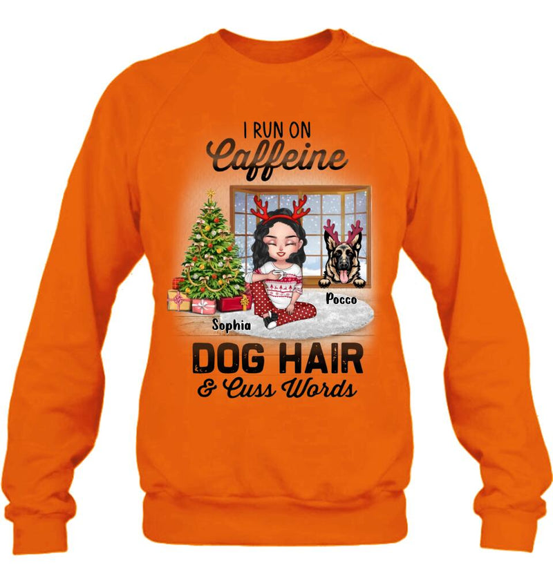 Personalized Pet Mom Shirt - Up to 3 Dogs/Cats - Christmas Gift Idea For Dog/Cat Lovers - I Run On Caffeine Dog Hair & Cuss Words