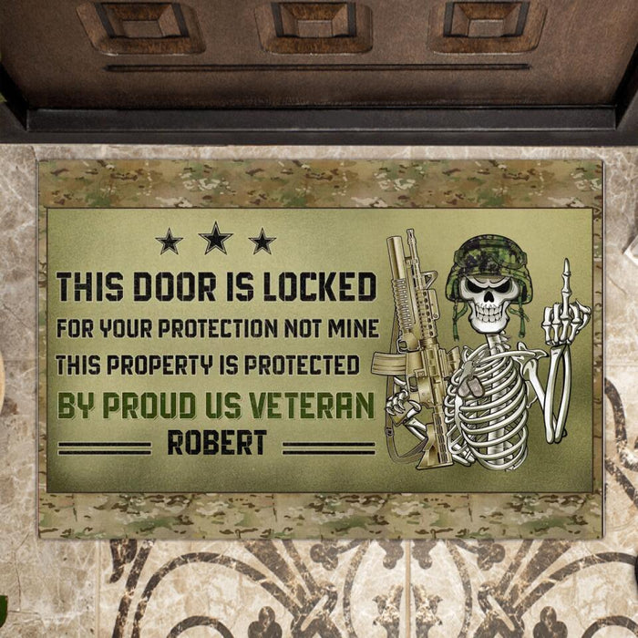 Custom Personalized Veteran Skull Doormat - Gift Idea For Veteran - This Door Is Locked