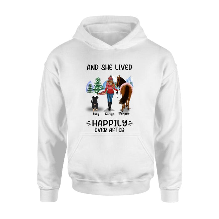 Custom Personalized Horses & Dogs Shirt/Hoodie - Gift Idea For Horse/Dog Lovers - Upto 4 Dogs - And She Lived Happily Ever After