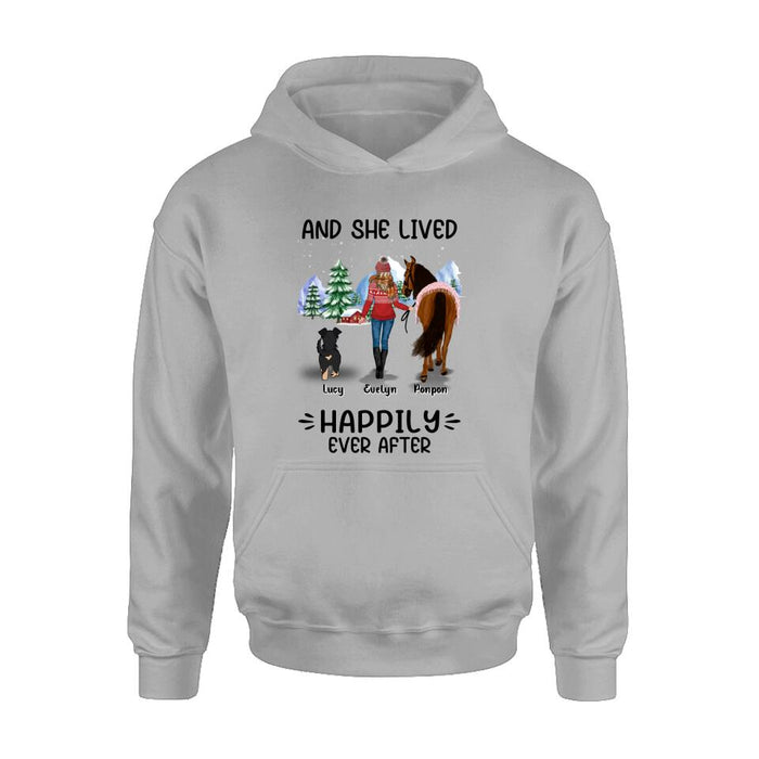 Custom Personalized Horses & Dogs Shirt/Hoodie - Gift Idea For Horse/Dog Lovers - Upto 4 Dogs - And She Lived Happily Ever After