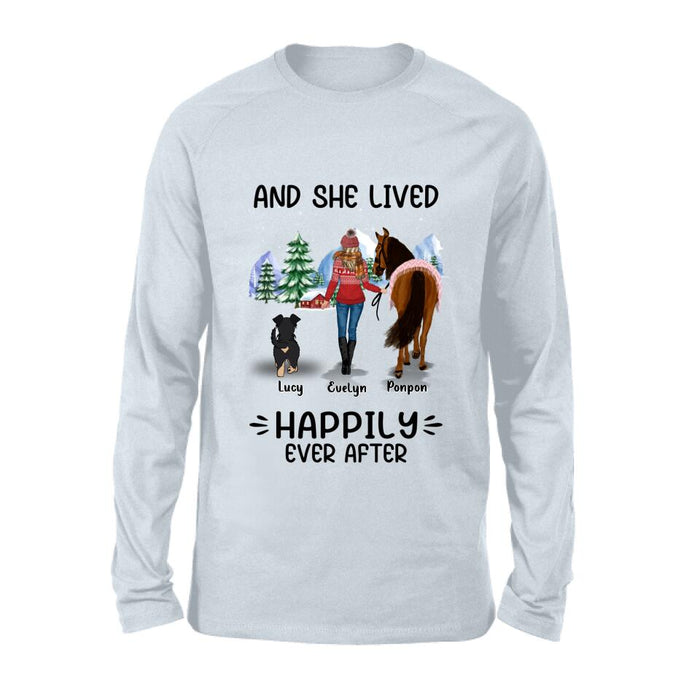 Custom Personalized Horses & Dogs Shirt/Hoodie - Gift Idea For Horse/Dog Lovers - Upto 4 Dogs - And She Lived Happily Ever After