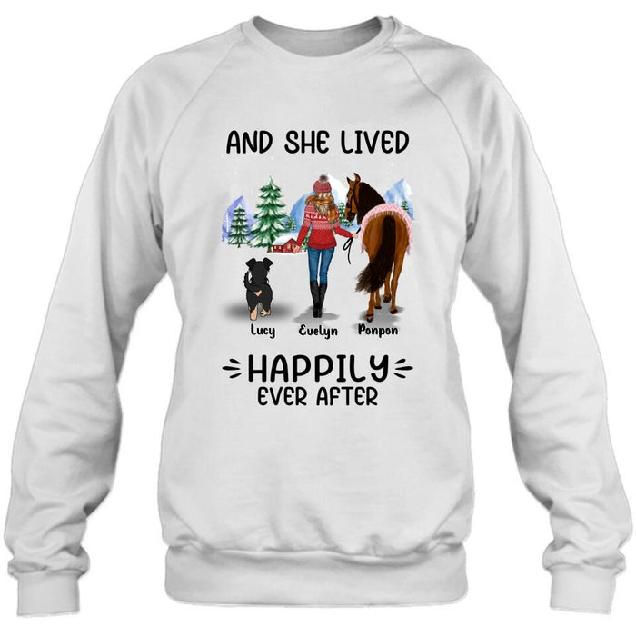 Custom Personalized Horses & Dogs Shirt/Hoodie - Gift Idea For Horse/Dog Lovers - Upto 4 Dogs - And She Lived Happily Ever After