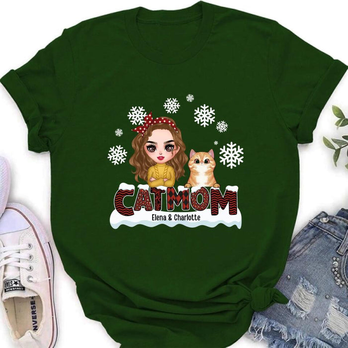 Custom Personalized Cat Mom Winter T-shirt/ Long Sleeve/ Sweatshirt/ Hoodie - Gift Idea For Cat Lover With Upto 4 Cats - Christmas/ Winter Gift