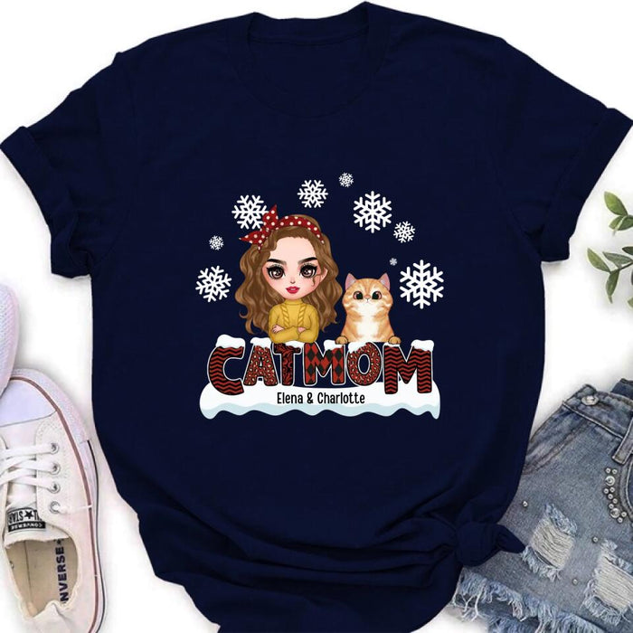 Custom Personalized Cat Mom Winter T-shirt/ Long Sleeve/ Sweatshirt/ Hoodie - Gift Idea For Cat Lover With Upto 4 Cats - Christmas/ Winter Gift