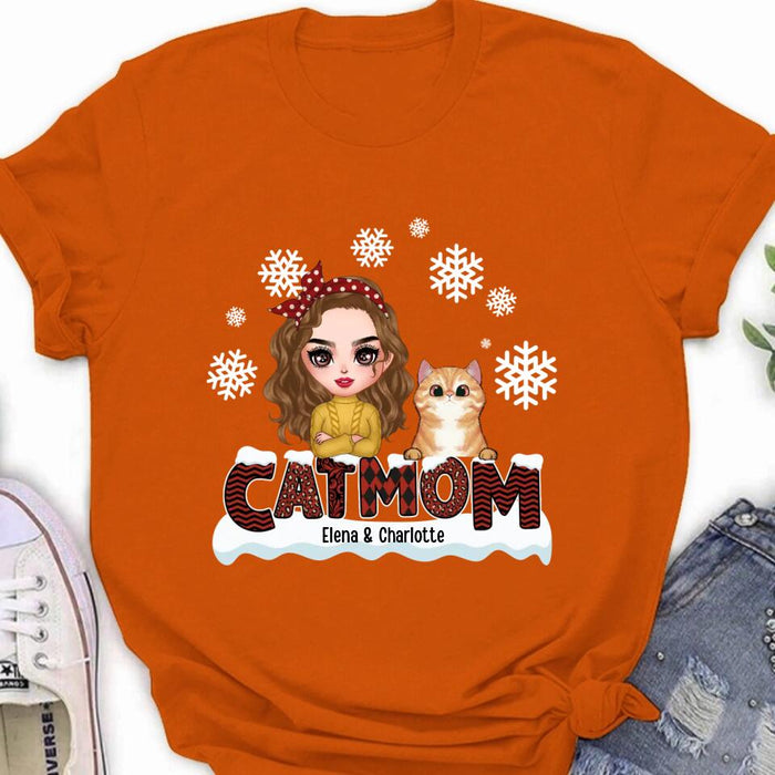 Custom Personalized Cat Mom Winter T-shirt/ Long Sleeve/ Sweatshirt/ Hoodie - Gift Idea For Cat Lover With Upto 4 Cats - Christmas/ Winter Gift
