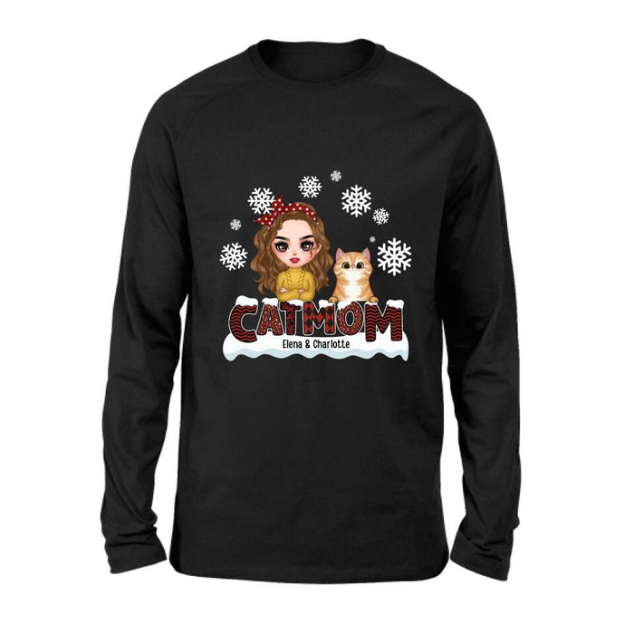 Custom Personalized Cat Mom Winter T-shirt/ Long Sleeve/ Sweatshirt/ Hoodie - Gift Idea For Cat Lover With Upto 4 Cats - Christmas/ Winter Gift