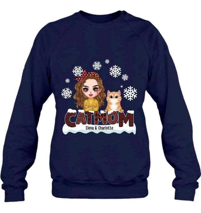 Custom Personalized Cat Mom Winter T-shirt/ Long Sleeve/ Sweatshirt/ Hoodie - Gift Idea For Cat Lover With Upto 4 Cats - Christmas/ Winter Gift