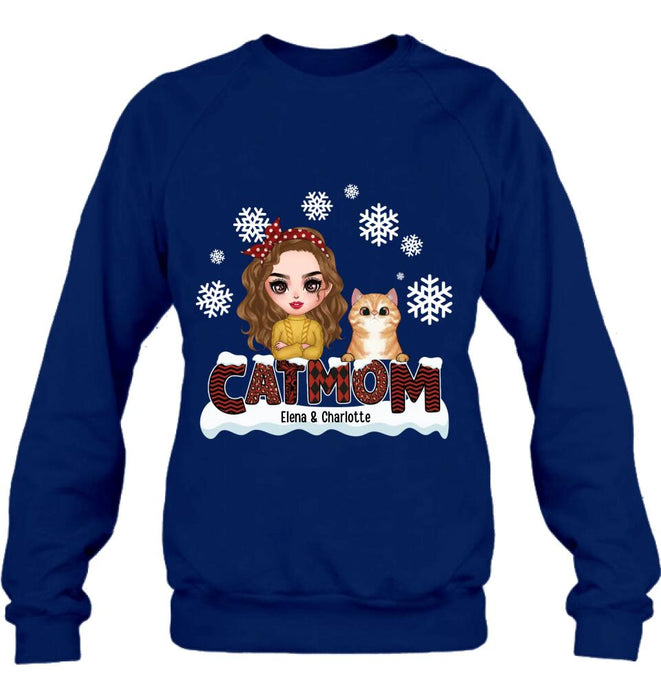 Custom Personalized Cat Mom Winter T-shirt/ Long Sleeve/ Sweatshirt/ Hoodie - Gift Idea For Cat Lover With Upto 4 Cats - Christmas/ Winter Gift