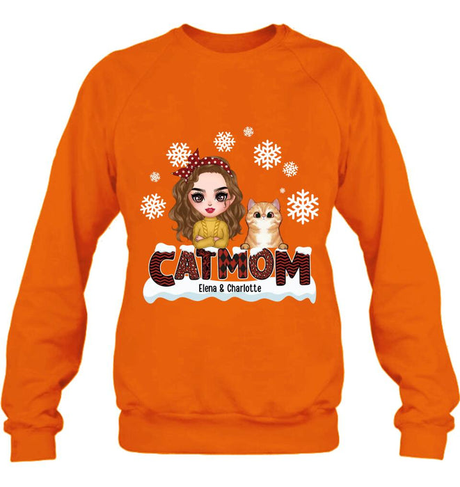 Custom Personalized Cat Mom Winter T-shirt/ Long Sleeve/ Sweatshirt/ Hoodie - Gift Idea For Cat Lover With Upto 4 Cats - Christmas/ Winter Gift