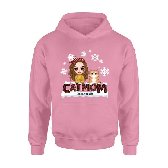 Custom Personalized Cat Mom Winter T-shirt/ Long Sleeve/ Sweatshirt/ Hoodie - Gift Idea For Cat Lover With Upto 4 Cats - Christmas/ Winter Gift