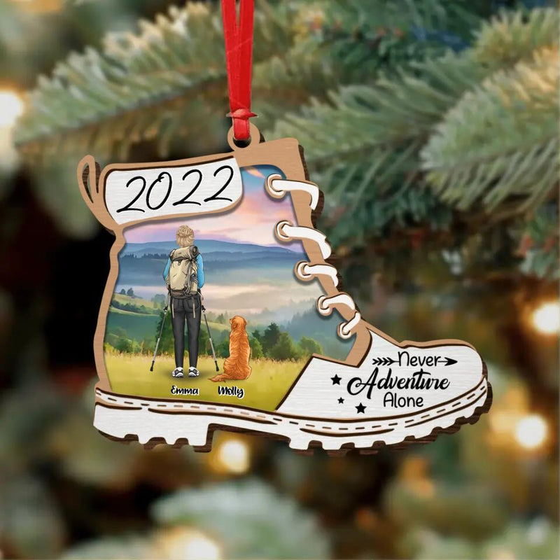 Personalized Hiking With Dogs Wooden Ornament - Gift For Hiking Lover/Dog Lover With Up to 4 Dogs - Never Adventure Alone