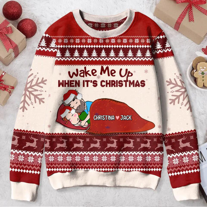 Personalized Christmas Ugly Sweater - Christmas Gift Idea For Couple/Dog/Cat Lover - Adult/Couple With Up to 4 Pets - Wake Me Up When It's Christmas
