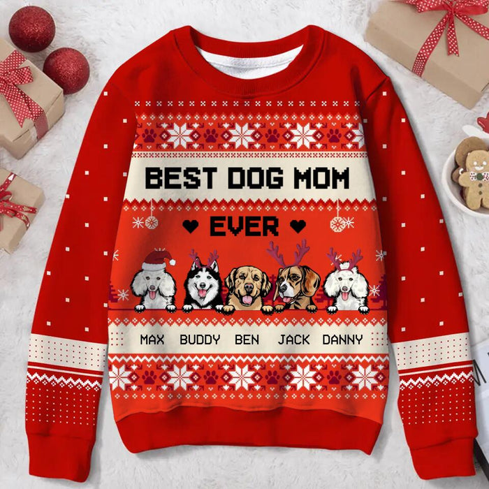 Personalized Dog Mom Ugly All-Over Print Sweater - Up to 5 Dogs - Christmas Gift For Dog Lover - Best Dog Mom Ever