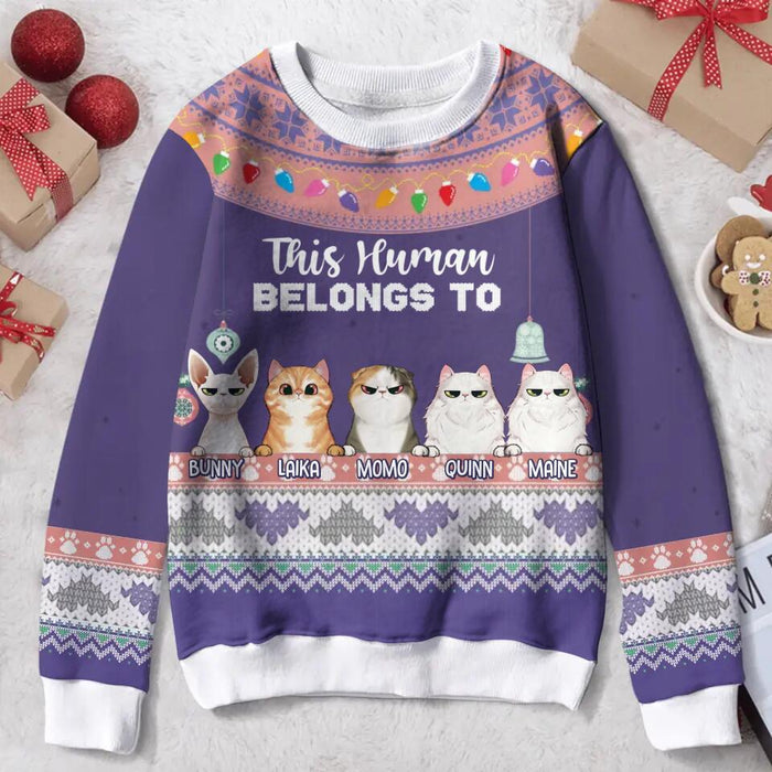 Personalized Xmas Cat All-Over Print Sweater - Up to 5 Cats - Christmas Gift Idea For Cat Lover - This Human Belongs To