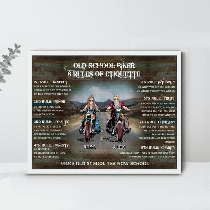 Custom Personalized  Rules Of Old School Biker Poster - Gift Idea For Biker Lovers / Friends - Upto 10 People - Old School Biker 8 Rules Of Etiquette