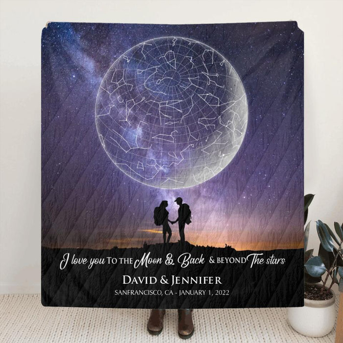Custom Personalized Hiking Couple Quilt/Fleece Blanket - Gift Idea For Couple - I Love You To The Moon & Back