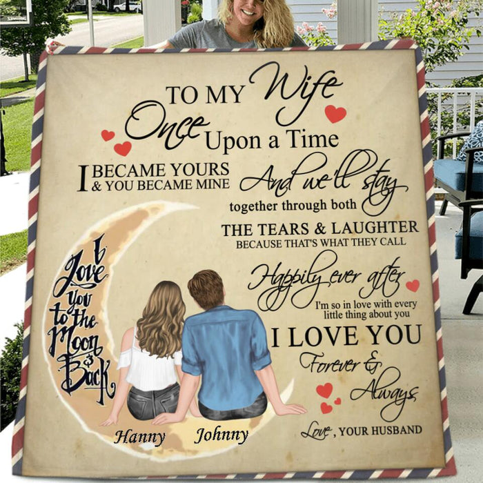 Custom Personalized Couple Quilt/Single Layer Fleece Blanket - Best Gift Idea For Wife From Husband/Couple - To My Wife, I Love You To The Moon And Back