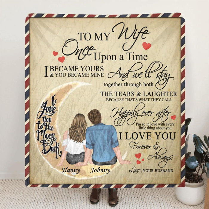 Custom Personalized Couple Quilt/Single Layer Fleece Blanket - Best Gift Idea For Wife From Husband/Couple - To My Wife, I Love You To The Moon And Back