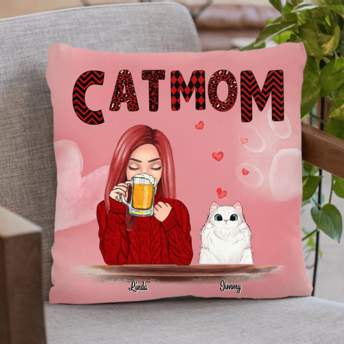 Custom Personalized Pet Mom Pillow Cover - Best Gift Idea For Dog/Cat Lovers - Pet Mom With Beer and Upto 4 Pets