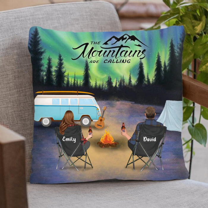 Custom Personalized Camping Throw Pillow Cover - Parents With Upto 6 Kids and 6 Pets - Best Gift For Camping Lovers  - The Mountains Are Calling