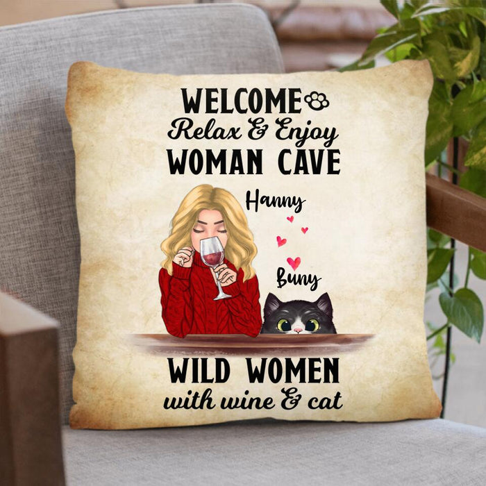 Personalized Cat Mom Pillow Cover - Up to 2 Cats - Woman with Wine and Cat