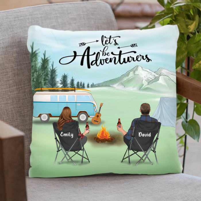 Custom Personalized Camping Pillow Cover - Full Option: Parent With Upto 6 Kids And 6 Pets - Best Gift For Camping Lover - Let's Be Adventures