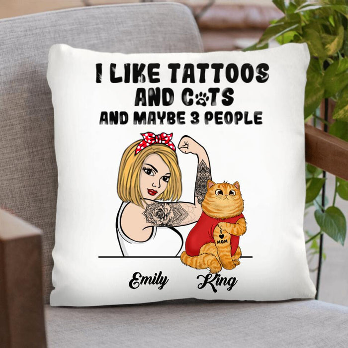 Custom Personalized Cat Mom Pillow Cover - Upto 3 Cats - I Like Tattoos And Cats And maybe 3 People