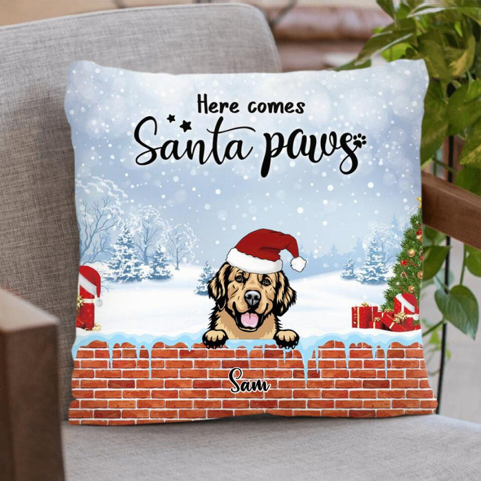 Custom Personalized Dog In Chimney Pillow Cover - Upto 4 Dogs - Christmas Gift For Dog Lover - Here Comes Santa Paws - K6SJV1
