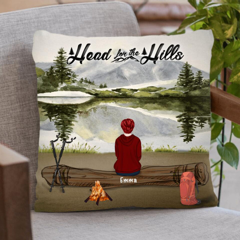 Personalized Hiking Pillow Cover - Man/Woman/Couple With Children And Up To 6 Pets - Gift For Hiking Lover - Head For The Hills