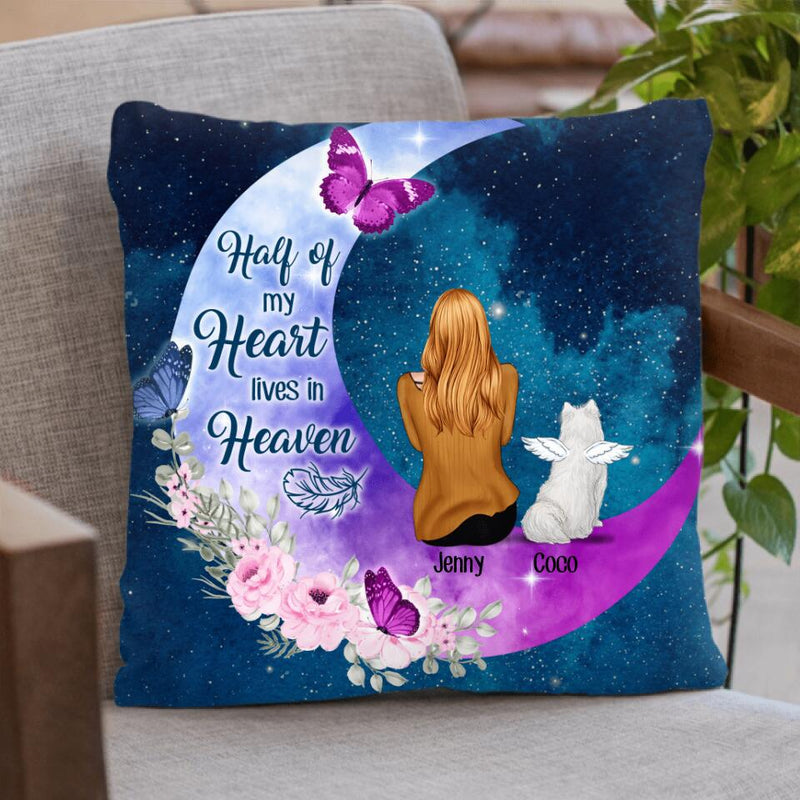 Personalized Memorial Pet Mom Flower Moon Pillow Cover - Woman With Up to 4 Pets - Best Gift For Cat/Dog Lover - Half Of My Heart Lives In Heaven