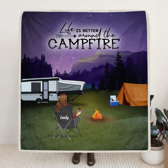Custom Personalized Night Camping Quilt/ Fleece Blanket/Pillow Cover - Best Gift For Camping Family/Couple/Single Parent/Solo - Upto 5 Kids and 3 Pets - Life Is Better Around The Campfire