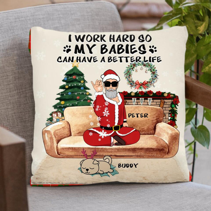 Custom Personalized Christmas Pet Dad Quilt/ Fleece Blanket & Pillow Cover - Man With Upto 4 Pets - Gift For Cat/ Dog Lover - I Work Hard So My Babies Can Have A Better Life