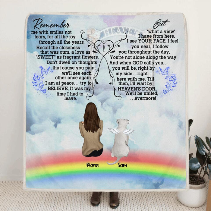 Custom Personalized Memorial Pets Fleece/Quilt Blanket/ Pillow Cover - Man/Woman With Upto 6 Pets - Memorial Gift For Dog Lovers/Cat Lovers - Remember me with smiles not tears- AXSIO5
