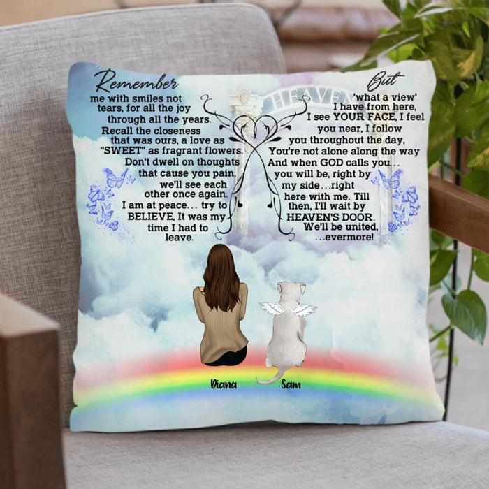 Custom Personalized Memorial Pets Fleece/Quilt Blanket/ Pillow Cover - Man/Woman With Upto 6 Pets - Memorial Gift For Dog Lovers/Cat Lovers - Remember me with smiles not tears- AXSIO5