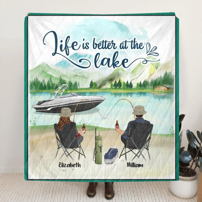 Custom Personalized Fishing Family Quilt/ Fleece Blanket & Pillow Cover - Parents With Upto 4 Kids - Gift For Whole Family - Life Is Better At The Lake