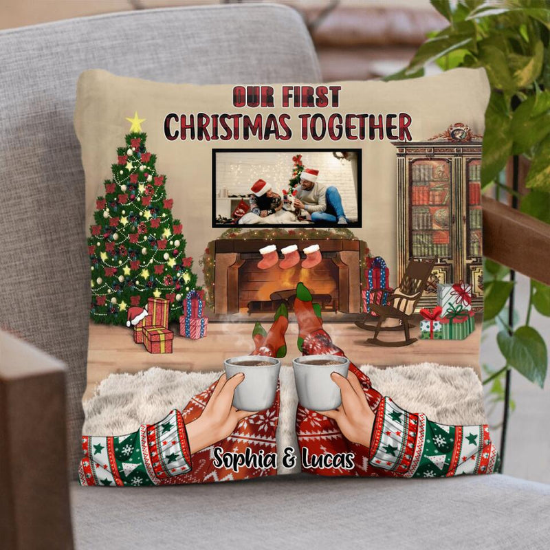 Personalized Xmas Couple Custom Photo Pillow Cover/Quilt/Fleece Blanket - Couple With Up to 4 Pets - Christmas Gift Idea For Couple - Our First Christmas Together