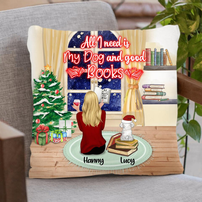 Custom Personalized Christmas With Books And Pets Pillow Cover - Upto 6 Pets - Best Gift For Dog/ Cat Lover - All I Need Is My Dogs And Good Books